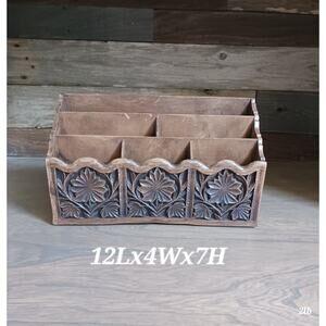 Vintage LERNER Carved Faux Wood Letter Holder Mail Organizer Desk Storage Caddy